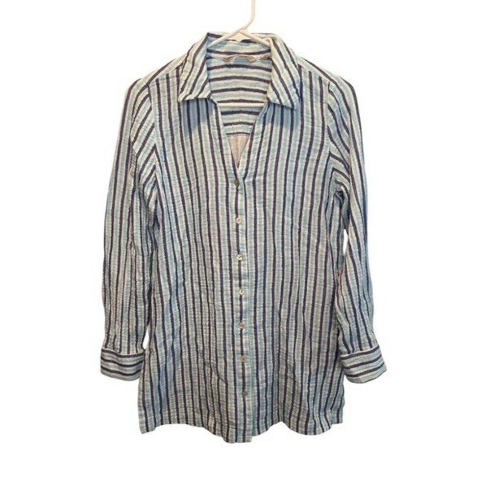Soft Surroundings Blue Striped Gauze Tunic Shirt Womens XS Long Sleeve Button Up